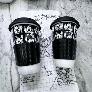 Two Disney Mickey Goofy Ceramic Rubber Lid Travel Mugs
